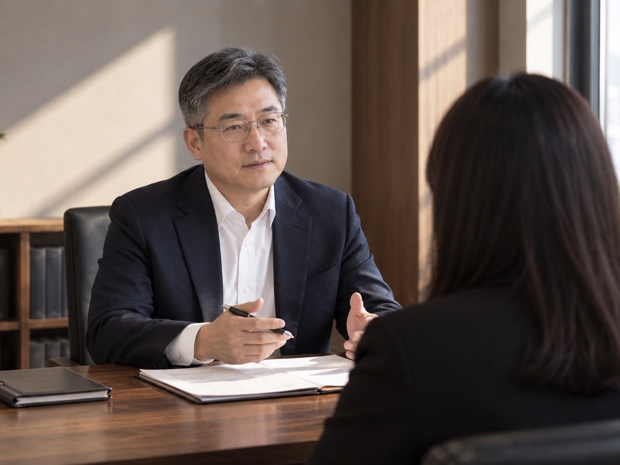 책상을 사이에 두고 마주 앉아 상담하는 두 사람