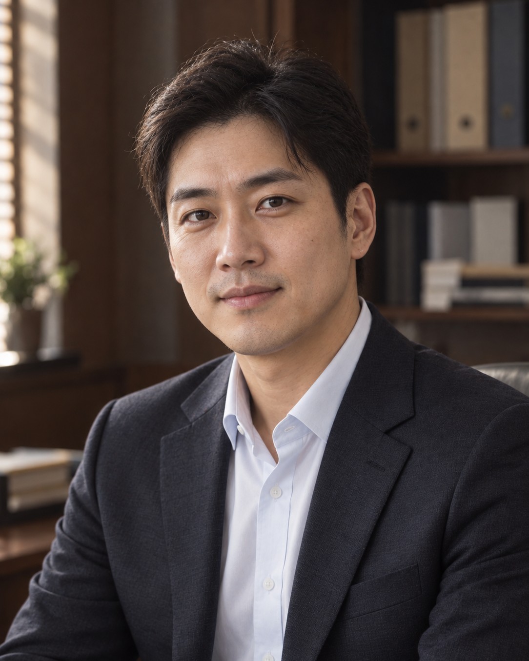 짙은 정장에 하늘색 셔츠 차림의 강도현