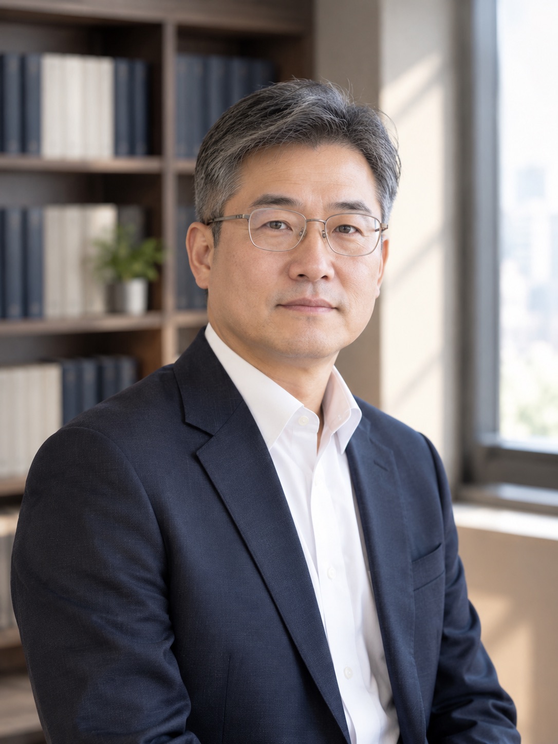 서가 앞에 선 대표 세무사의 상반신 사진
